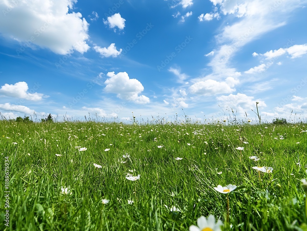 Poster beautiful meadow under a blue sky with clouds and white flowers signaling spring and new beginnings 