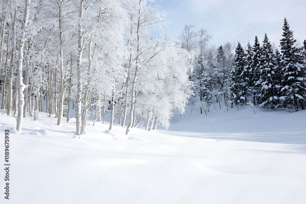 Poster snow-covered winter forest with frosty trees and clear blue sky : generative ai