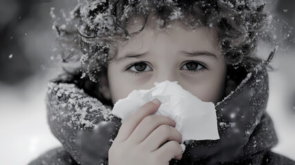 Child experiencing discomfort while holding tissue. a young child with curly hair shows concern while holding a tissue near their nose, appearing unwell. Snowveil. Illustration
