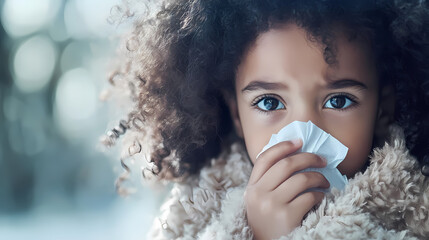 Child experiencing discomfort while holding tissue. a young child with curly hair shows concern while holding a tissue near their nose, appearing unwell. Snowveil. Illustration