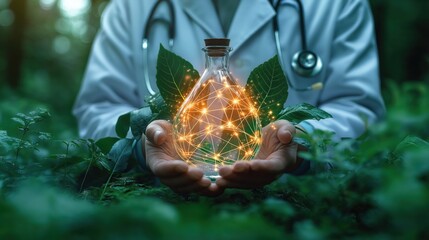 Doctor holds glass bottle with glowing network. Eco-friendly hospital. Renewable energy tech used in healthcare. Innovative design for sustainable building. Doctor using green tech in medical