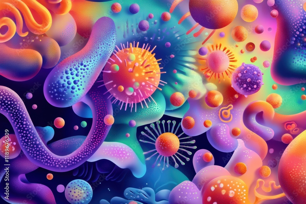 Fototapete Vibrant illustration of diverse microscopic microbes in unique shapes and textures under a colorful background. Generative AI