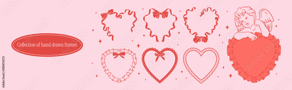 Wall mural red heart frames with bow and ribbons in vintage coquette girly style. cupid with frame in shape of 