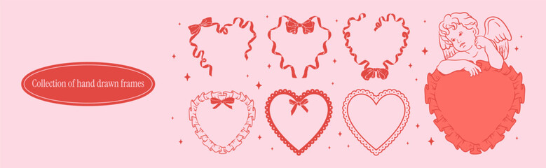 Red heart frames with bow and ribbons in vintage coquette girly style. Cupid with frame in shape of heart-shaped lace pillow. Hand-drawn line borders for Valentine's Day cards, Wedding invitations.	