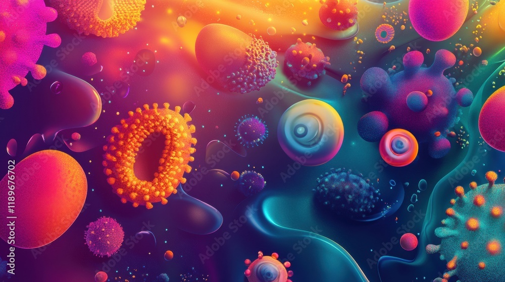 Leinwandbilder microscopic microbes exhibiting diverse shapes and vibrant textures in a colorful abstract represent