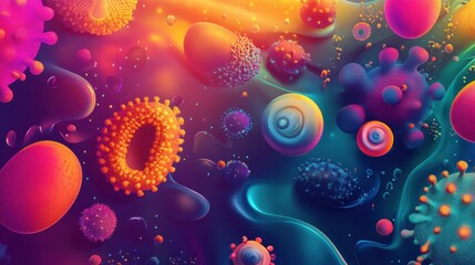 Microscopic microbes exhibiting diverse shapes and vibrant textures in a colorful abstract representation. Generative AI