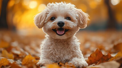 Happy small fluffy dog sitting in autumn leaves.