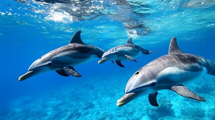 Naklejka premium Playful Dolphins Swimming in Crystal Clear Blue Ocean Waters : Generative AI