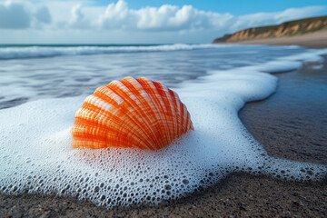 Obraz premium A close-up of a vibrant orange shell lying on a sandy beach. 