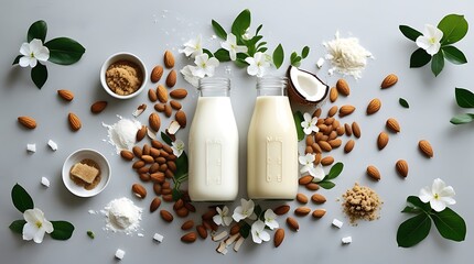 Healthy Plant-Based Almond and Coconut Milk Bottles Surrounded by Natural Ingredients, Perfect Dairy-Free Alternative for Vegan Diets, Organic Non-Dairy Beverage, Clean Eating and Nutrition Choices

