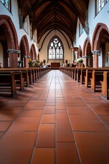 Obraz premium Historic Church Interior with Red Brick Arches and Ornate Stained Glass Windows : Generative AI