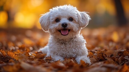 Happy white fluffy dog lying in autumn leaves.