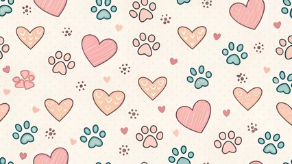 Hearts and paws seamless repeat pattern background, cute.
