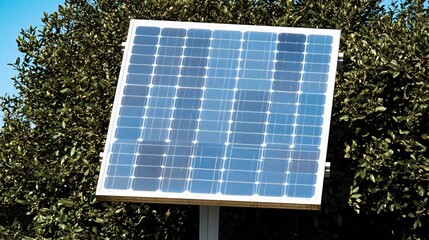 Small Solar Panel on Metal Stand Outdoors, Green Bush Background