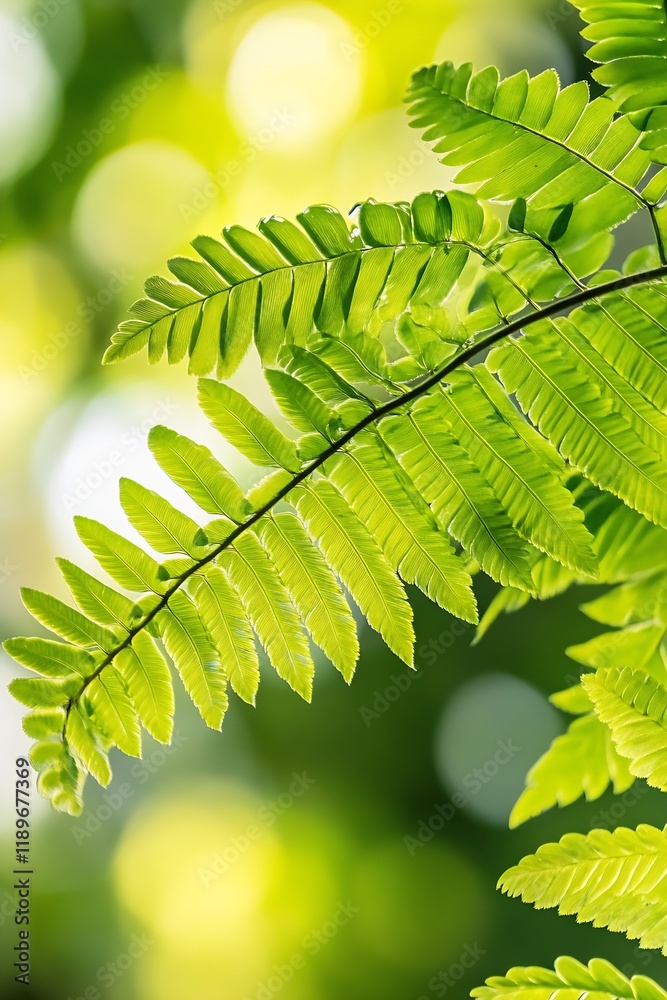 Poster Close-up of vibrant green fern leaves with sunlight filtering through : Generative AI