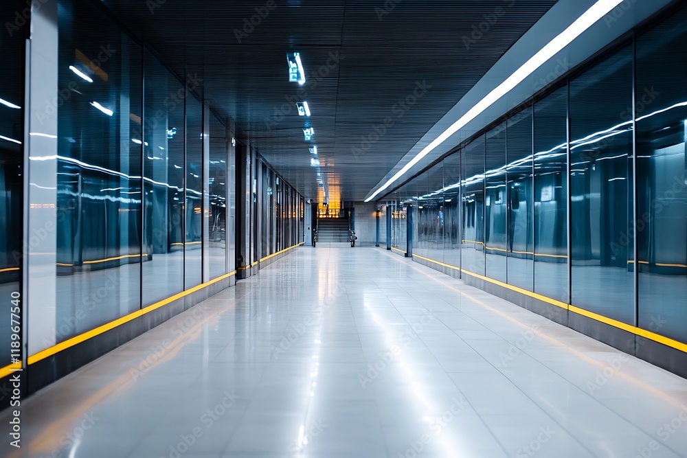 Poster modern blue illuminated tunnel with glass walls and geometric perspective : generative ai