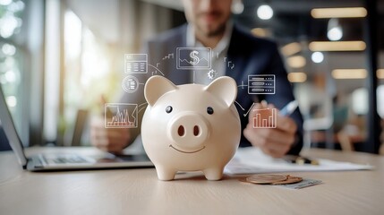Creative Illustration of a Piggy Bank with Financial Infographics in Business Setting