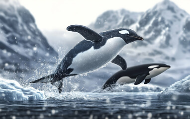 Obraz premium A Chinstrap Penguin's Leap of Faith in Antarctica's Icy Paradise