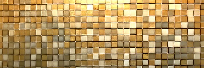 Golden mosaic texture featuring a grid of shiny metallic tiles, suitable for use as design overlay or background in panoramic style