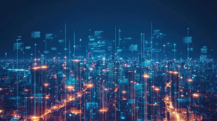 Fototapeta premium Neon Futuristic City Skyline with Holographic Data Streams