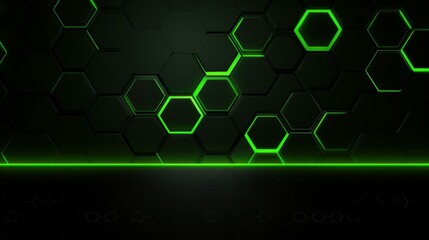 Fototapeta premium A sleek background featuring modern dark hexagonal carbon fiber, accentuated by striking green luminous lines.