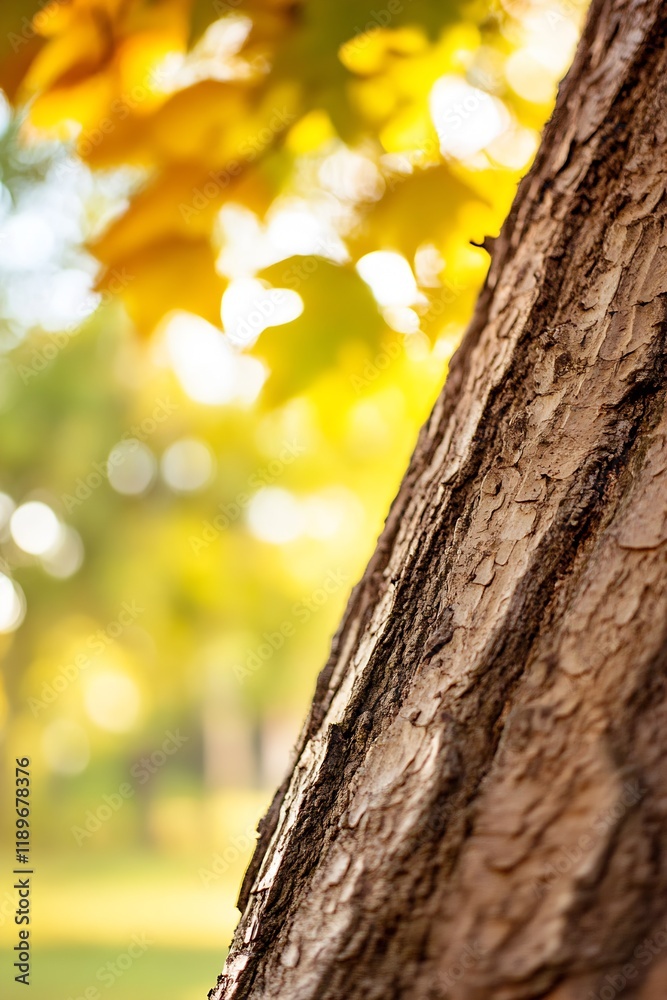 Poster autumn tree bark with vibrant yellow leaves and warm sunlight bokeh : generative ai