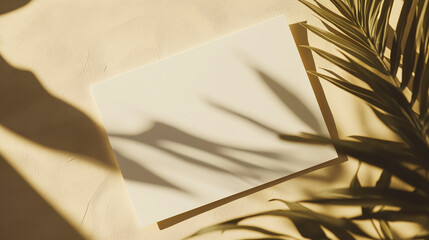 Blank document mockup with shadows and foliage on a textured background