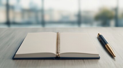 Open Diary on Wooden Table with Pen and Blurred Background of Indoor Space