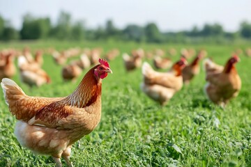 Fototapeta premium Free-Range Chickens Roaming on Green Farm Field with Organic Farming Practices : Generative AI