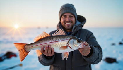 Smiling man holding a fish against an icy backdrop