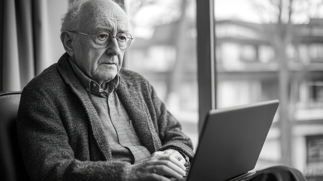 an elderly person with a laptop, technology and seniors, scam, isolation, vulnerable - Powered by Adobe
