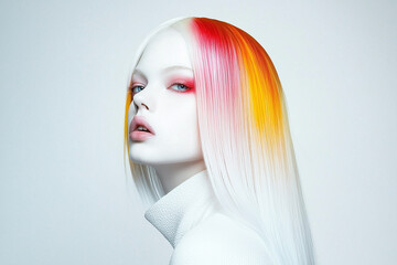 Portrait of a woman in white with colorful hair extensions