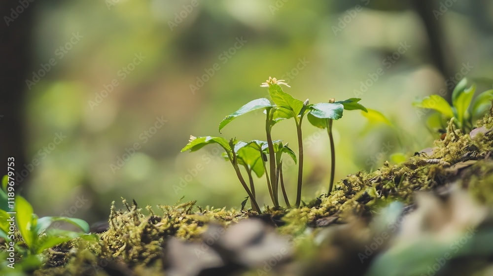 Poster Young Plants Sprouting from Forest Floor with Bokeh Background Effect : Generative AI