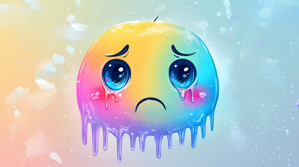 A colorful, animated emoticon face with tears streaming down its cheeks, conveying a whimsical yet poignant expression. Snowveil. Illustration
