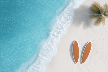 Obraz premium Surfers paddleboarding on tropical beach coastal paradise beach photography aerial view water sports