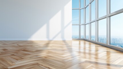Obraz premium A sleek office lobby with a minimalist design, featuring warm wood floors and expansive windows overlooking the bustling city.