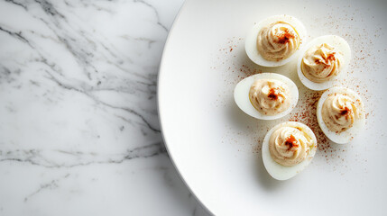 Deviled eggs garnished with paprika on a marble plate
