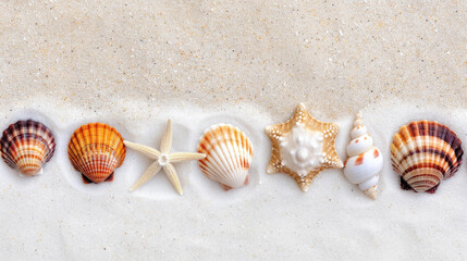 Capture summer vibes with a beachthemed banner featuring shells, corals, and starfish on  white sand.