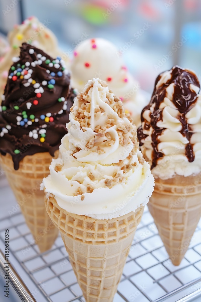 Poster delicious gourmet ice cream cones with assorted toppings in waffle cones : generative ai