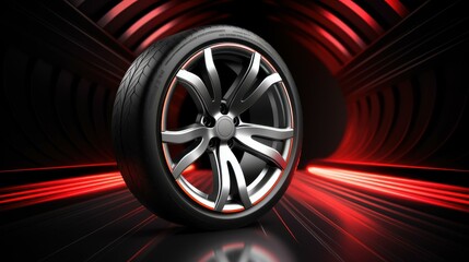 Sleek modern car wheel on a striking red backdrop, showcasing black rubber tire and engine oil for impactful advertising.