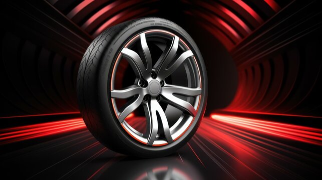 Sleek modern car wheel on a striking red backdrop, showcasing black rubber tire and engine oil for impactful advertising.