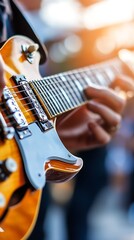 Fototapeta premium Closeup of an electric guitar in warm sunlight focusing on strings and body : Generative AI