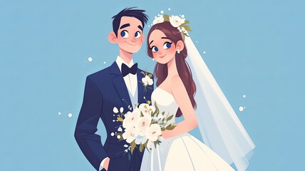 Cartoon-style illustration of a bride and groom standing together on their wedding day.