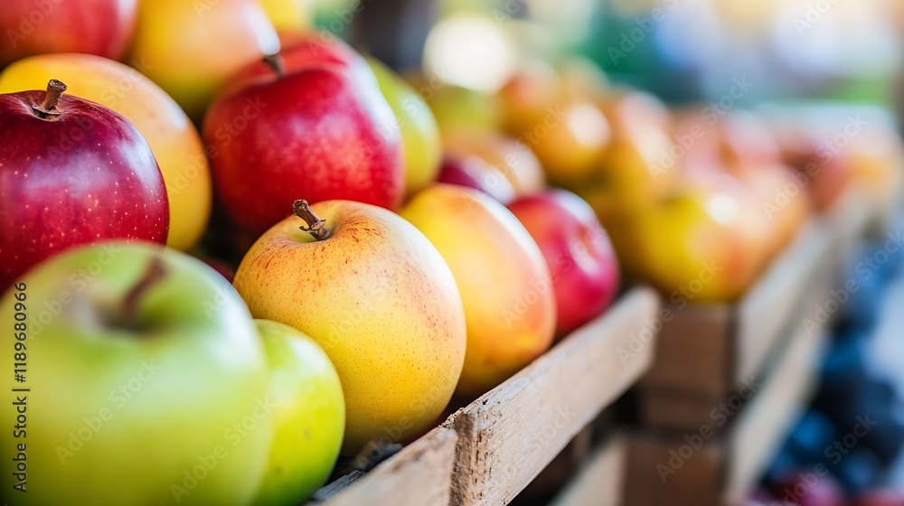 Poster vibrant display of fresh multicolored apples in wooden boxes at farmers market : generative ai