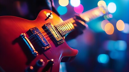 Dynamic live guitar performance with colorful stage lights at vibrant music concert event : Generative AI