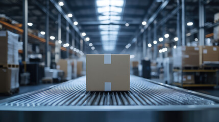 A cardboard box positioned on a moving conveyor, set in a well-lit warehouse