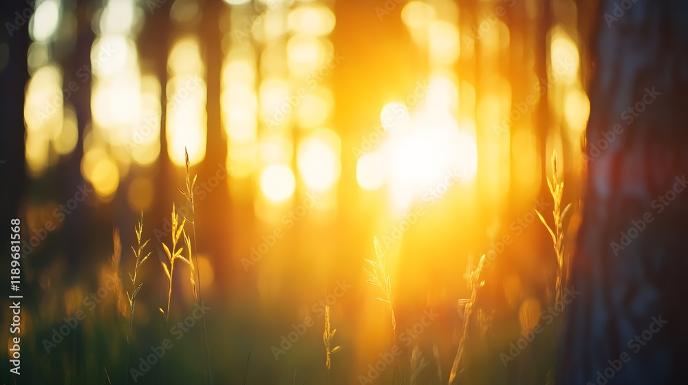 Poster golden sunlight through forest trees creating warm natural ambiance : generative ai
