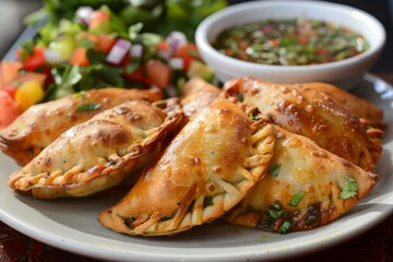 Freshly baked golden brown empanadas garnished with cilantro, accompanied by a vibrant salad and a flavorful dipping sauce