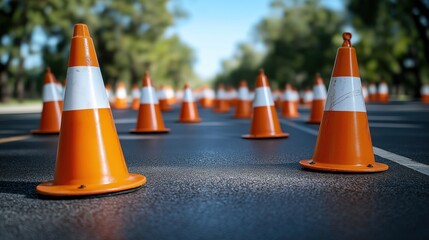 Orange traffic cones arranged on road. Construction zone ahead. Clear day. Safety procedure for road work. Control of traffic flow. Road maintenance in progress. Safe way to warn drivers. Public