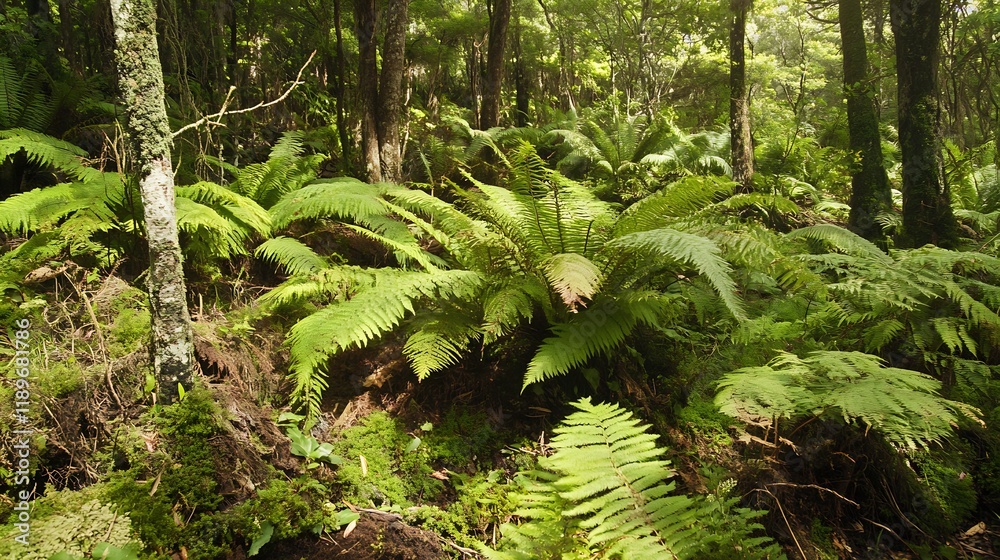 Poster dense forest landscape with lush green ferns and tall trees in daylight : generative ai